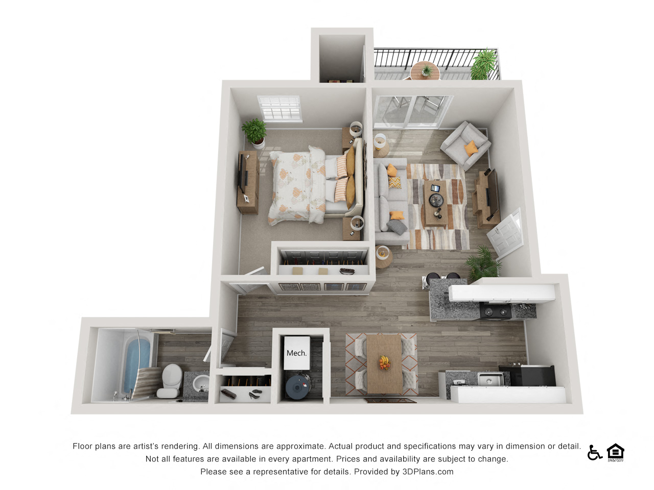 Floor plan for 1 bed, 1 bath, 600 sqft